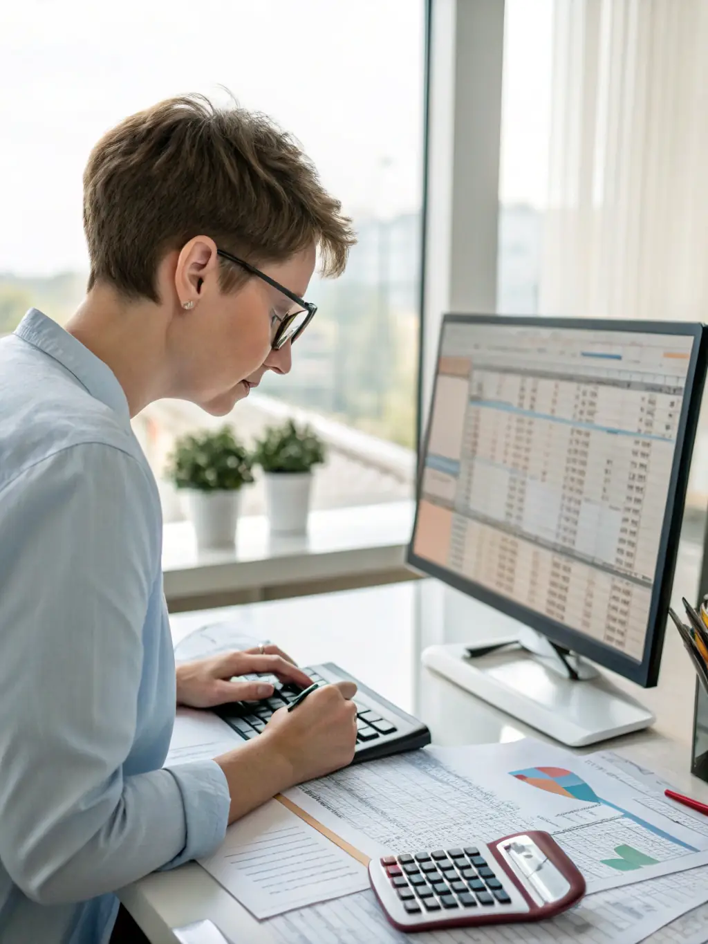 A professional accountant reviewing financial statements in a modern office setting, symbolizing basic accounting services for rcmanagementservicesllc.